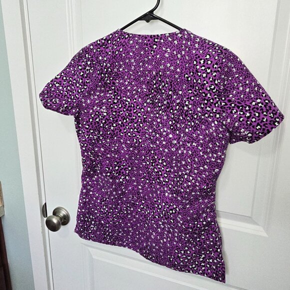 Cherokee Scrub Top Purple Black White Animal Print Wrap Look Size XS - Picture 3 of 6